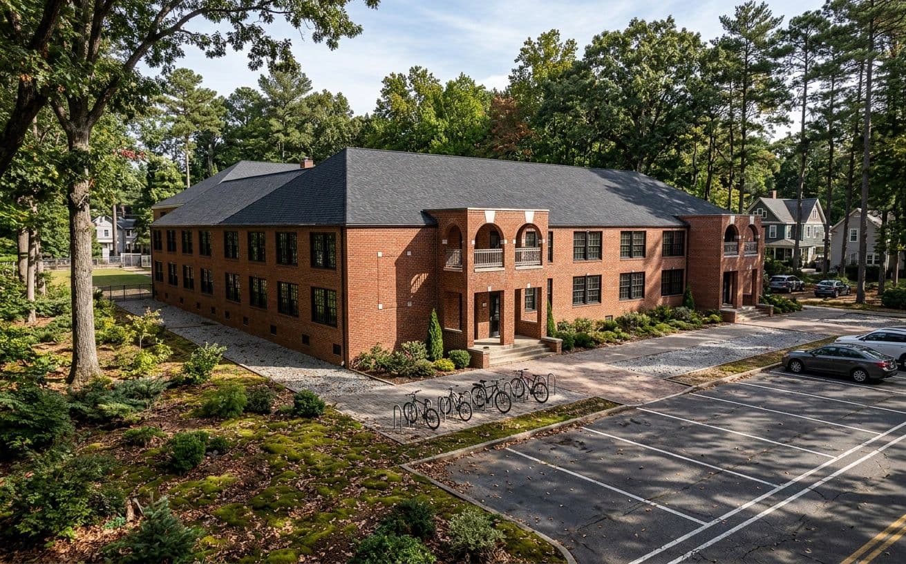 Brick hall on a tree-lined street