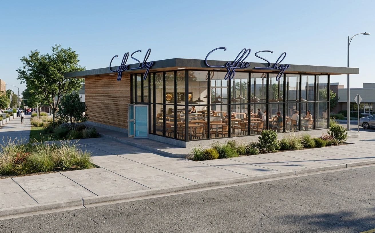 Glass-fronted cafe with a timber roof