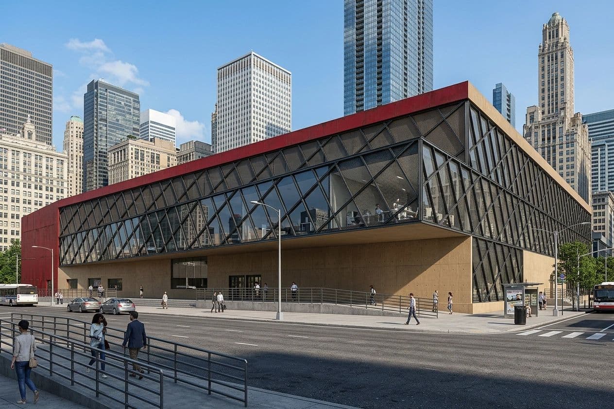 Glass and red-steel civic building among downtown towers