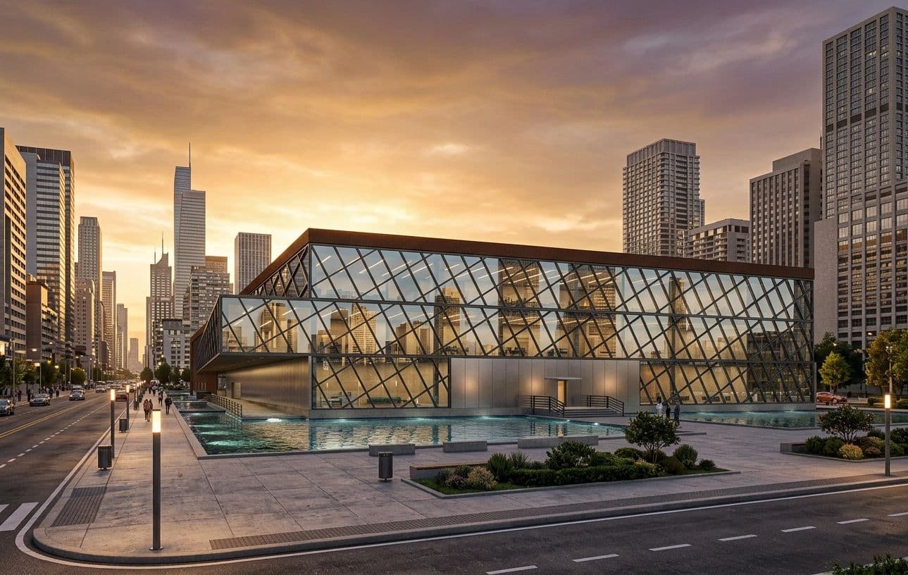 The civic building at golden hour