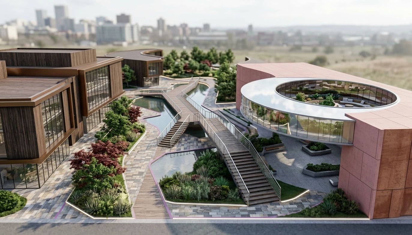 Aerial view of a landscaped courtyard
