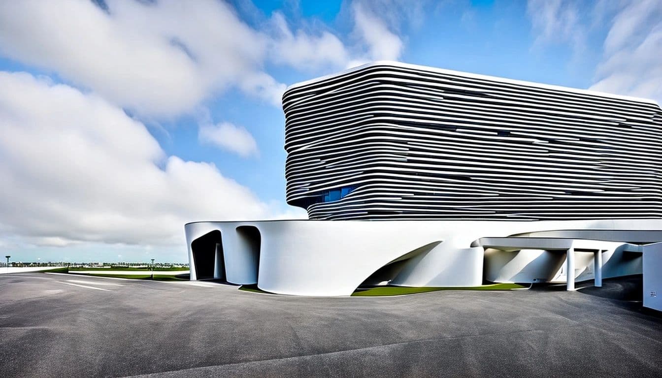 White sculptural building with a striped upper volume