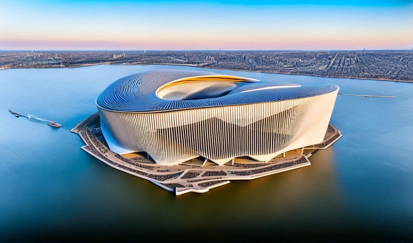 Arena on a lake at sunrise
