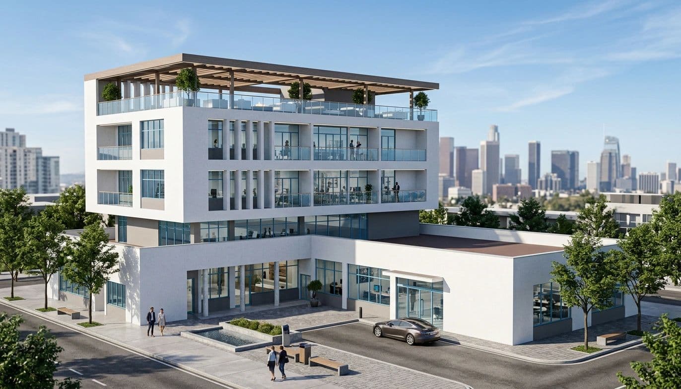 White mixed-use building with roof terrace
