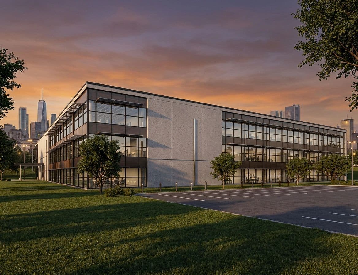 The office building at dusk