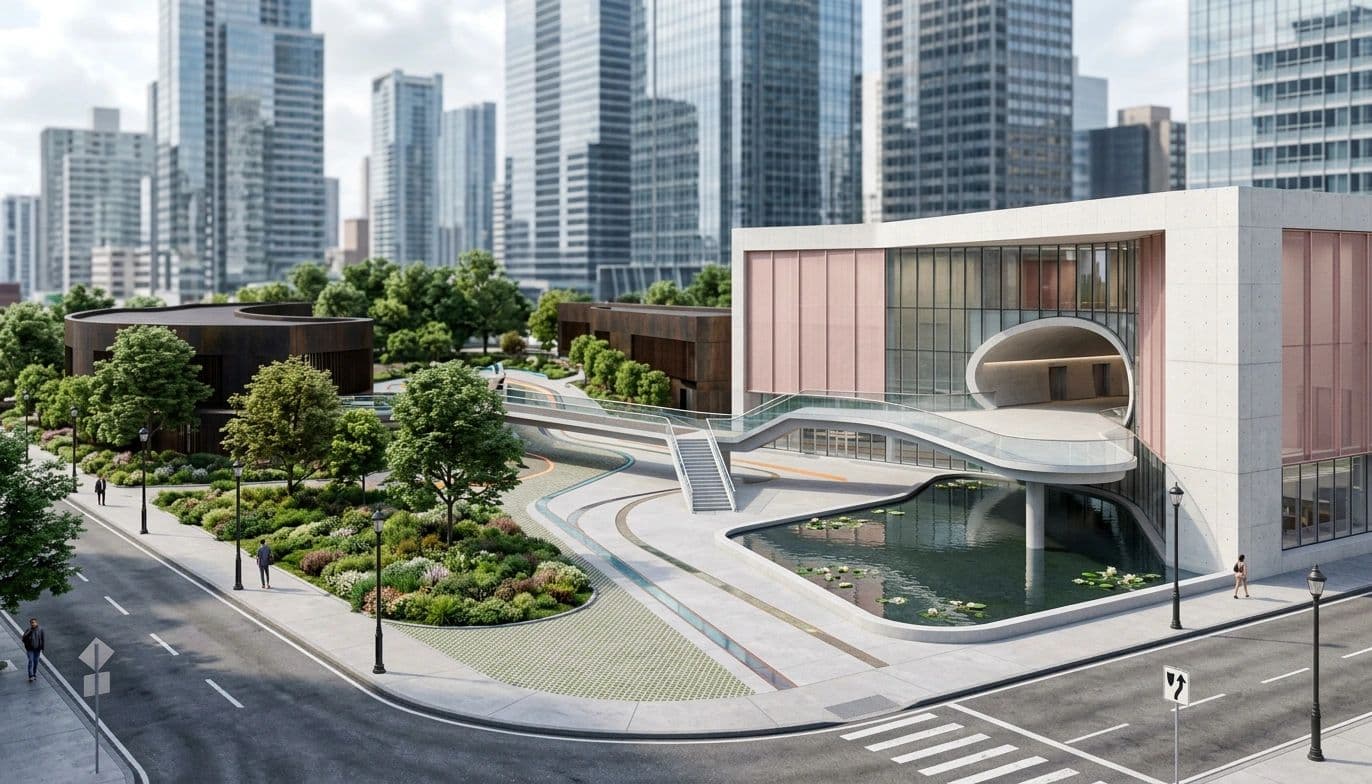 Plaza with a curved pink pavilion and water garden