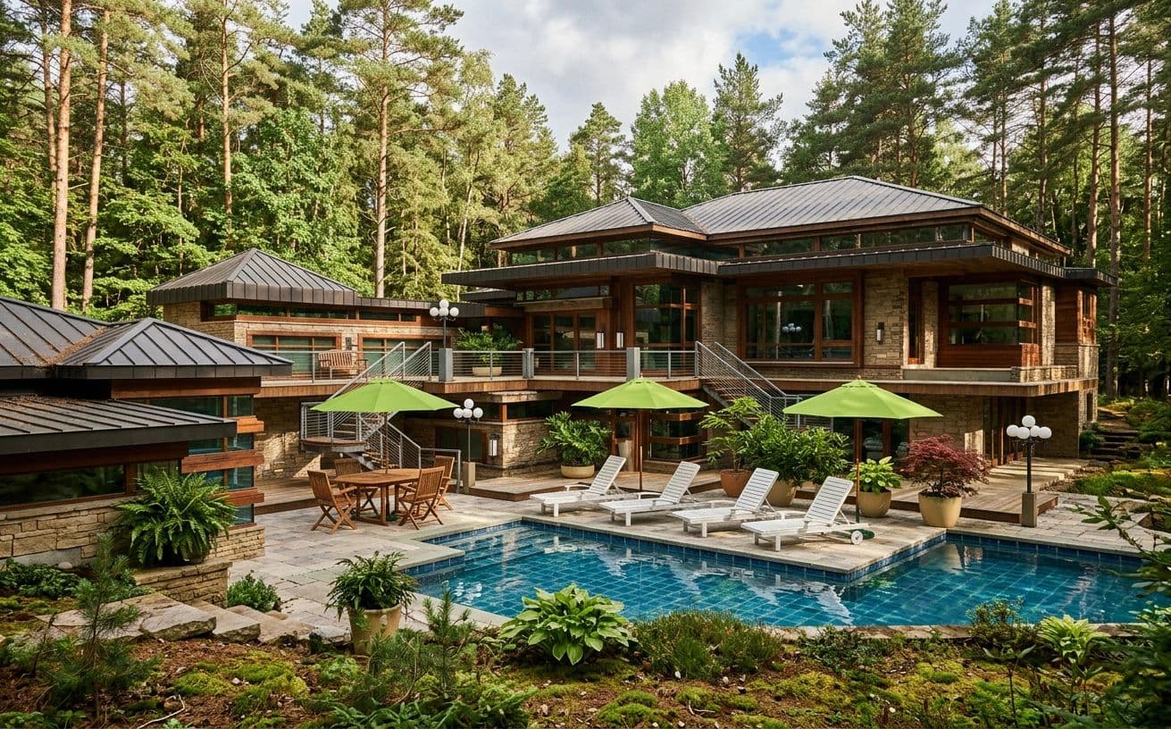 Timber house with a pool terrace in a forest