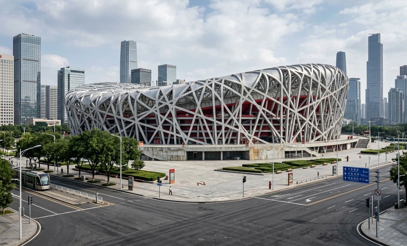 Lattice-steel stadium in a city skyline