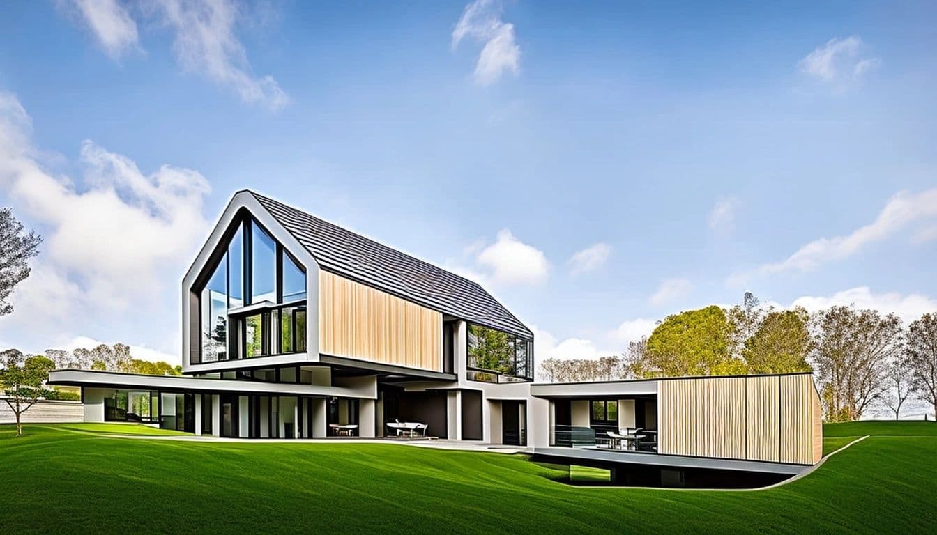 Timber and glass gabled house on a lawn