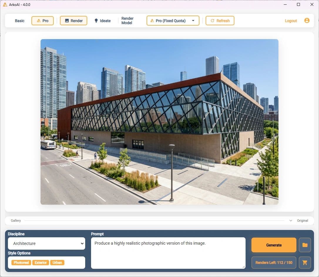 ArkoAI render of a glass building in Revit