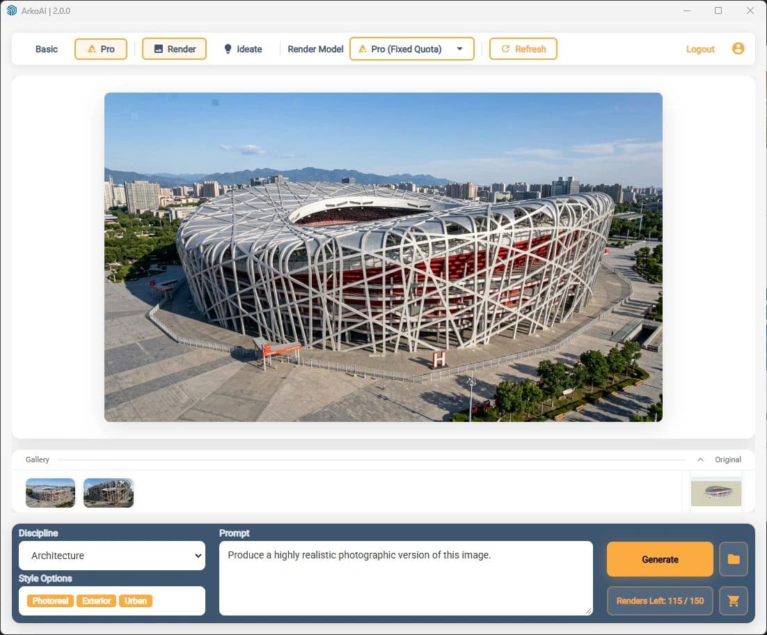 ArkoAI panel inside SketchUp rendering a stadium
