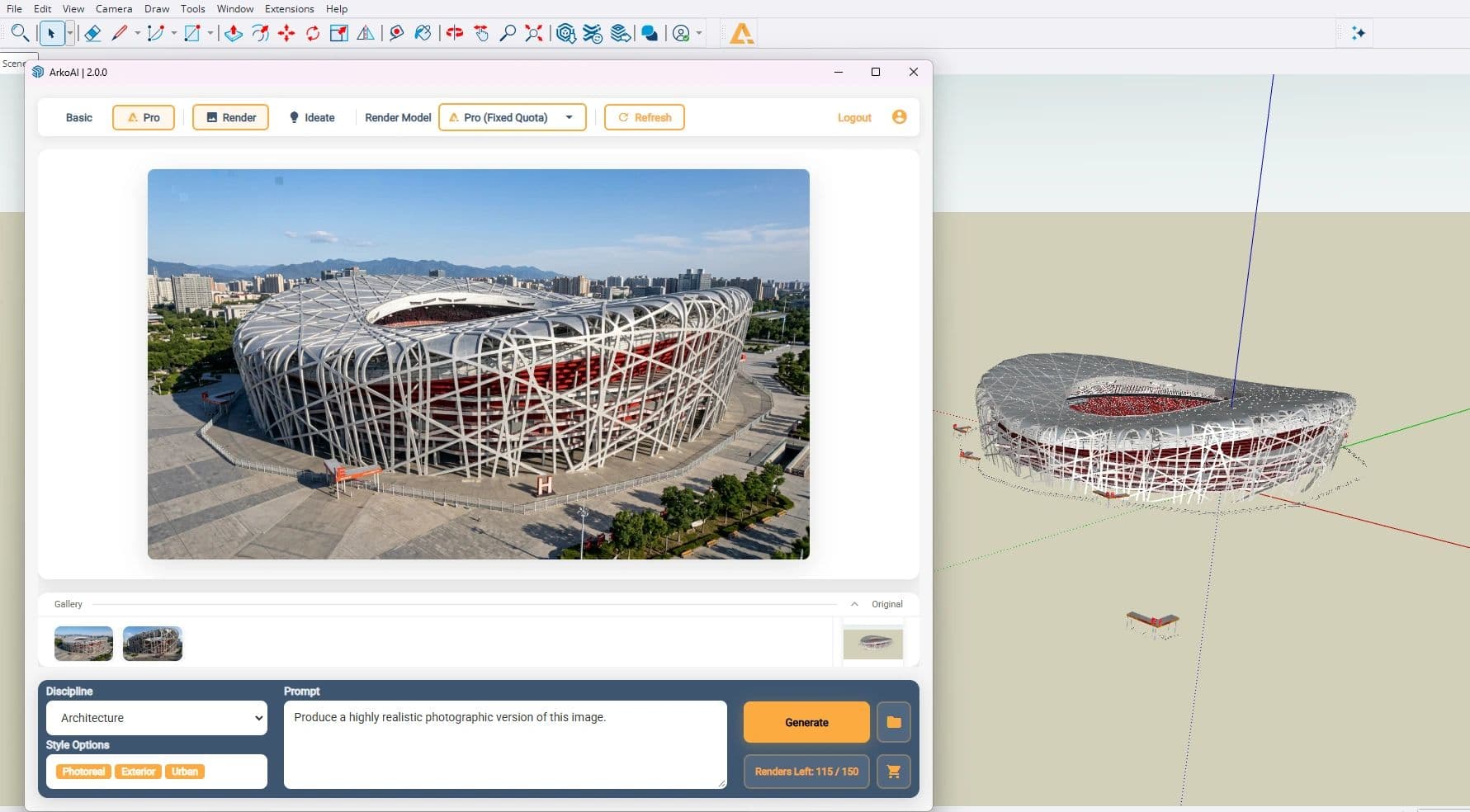 ArkoAI next to the SketchUp model